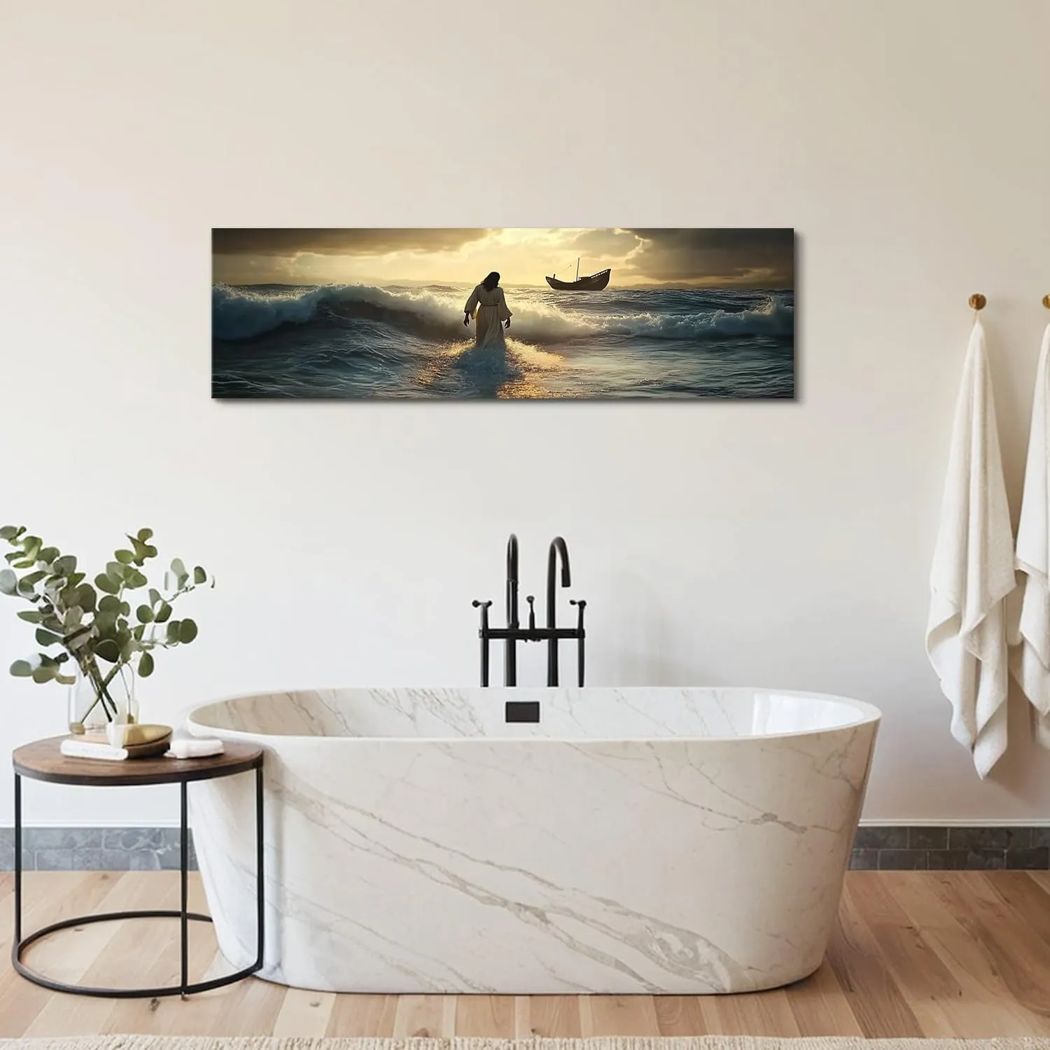 Jesus Walking on Water Wall Art Christian Wall Decor Sunset Ocean Landscape Canvas Picture Christ Religion Wall Decor Large Bible Painting Poster Artwork for Living Room Church Decorations 14x48”