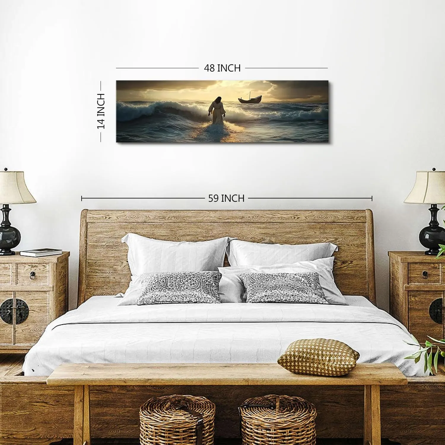 Jesus Walking on Water Wall Art Christian Wall Decor Sunset Ocean Landscape Canvas Picture Christ Religion Wall Decor Large Bible Painting Poster Artwork for Living Room Church Decorations 14x48”