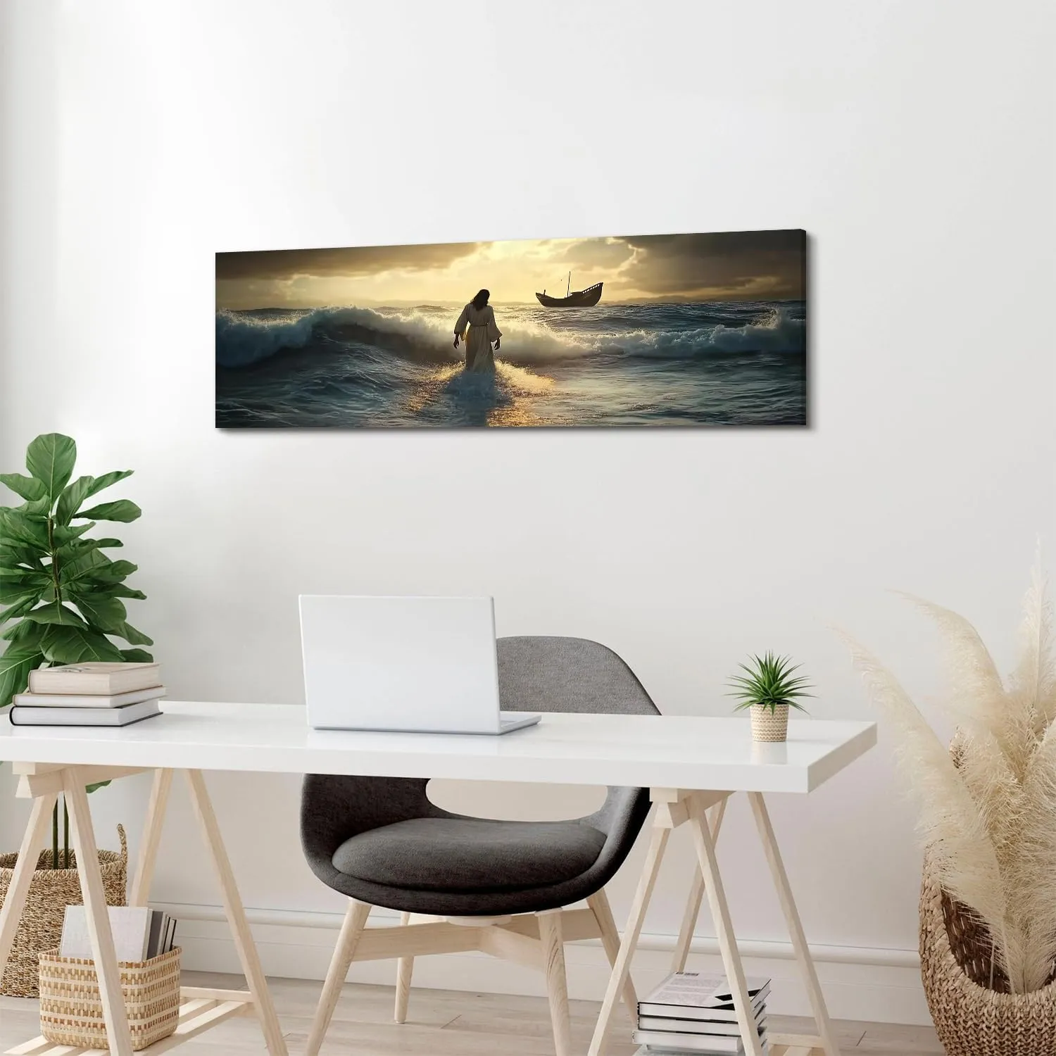 Jesus Walking on Water Wall Art Christian Wall Decor Sunset Ocean Landscape Canvas Picture Christ Religion Wall Decor Large Bible Painting Poster Artwork for Living Room Church Decorations 14x48”