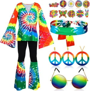 Jiuguva 17Pcs 60s 70s Outfits for Women Hippie Costume Set Disco Outfit Dress Boho Flared Pants Hippie Shirt Headband