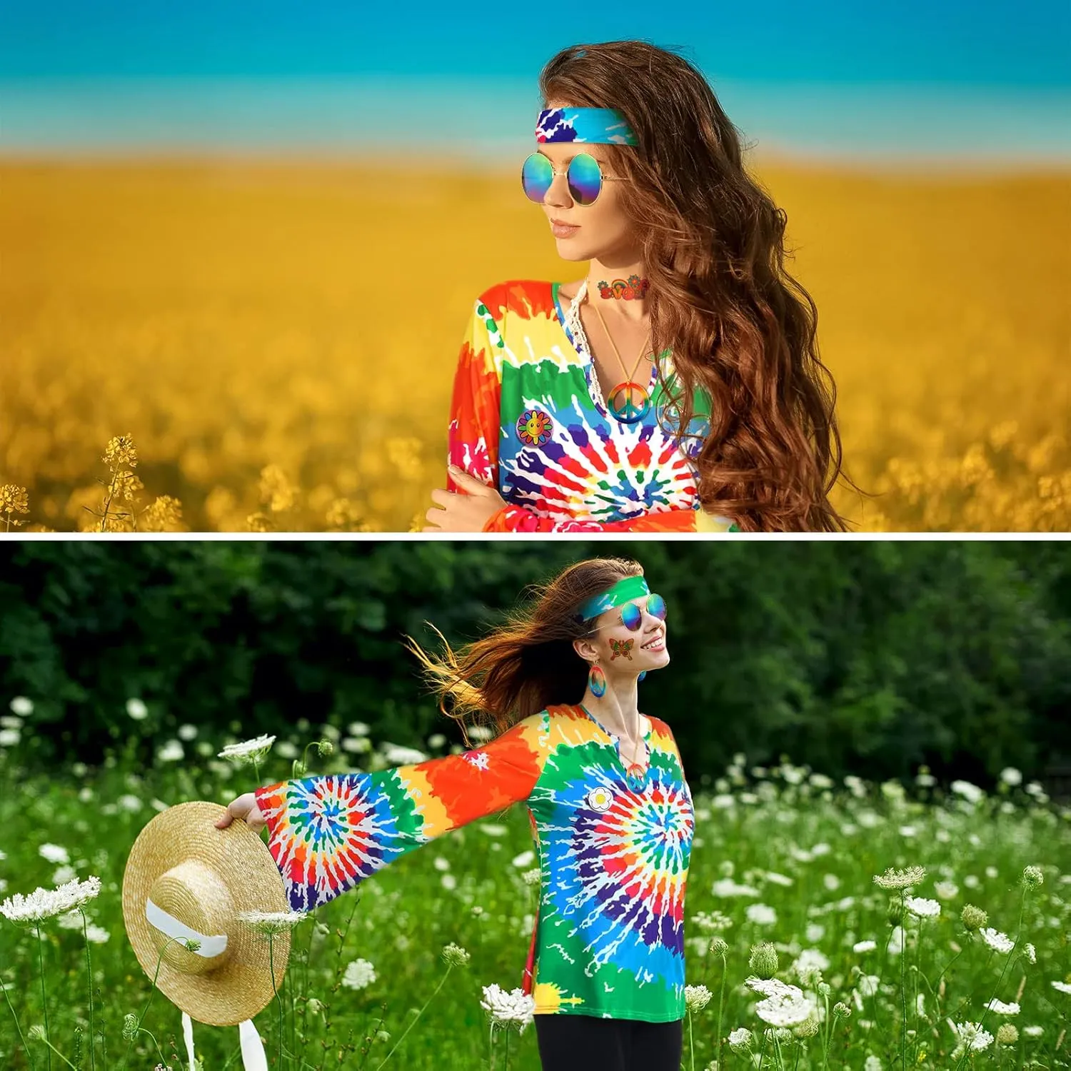 Jiuguva 17Pcs 60s 70s Outfits for Women Hippie Costume Set Disco Outfit Dress Boho Flared Pants Hippie Shirt Headband