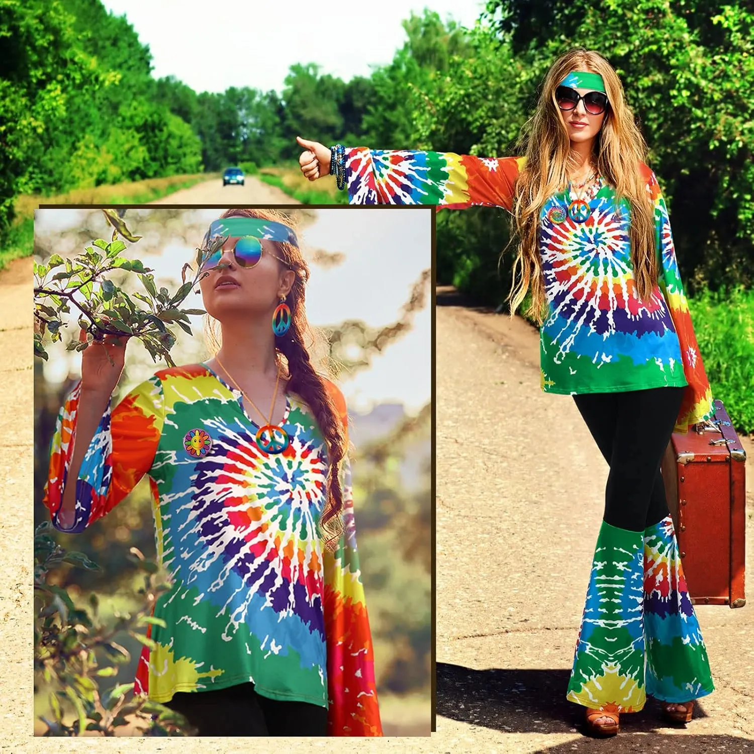 Jiuguva 17Pcs 60s 70s Outfits for Women Hippie Costume Set Disco Outfit Dress Boho Flared Pants Hippie Shirt Headband