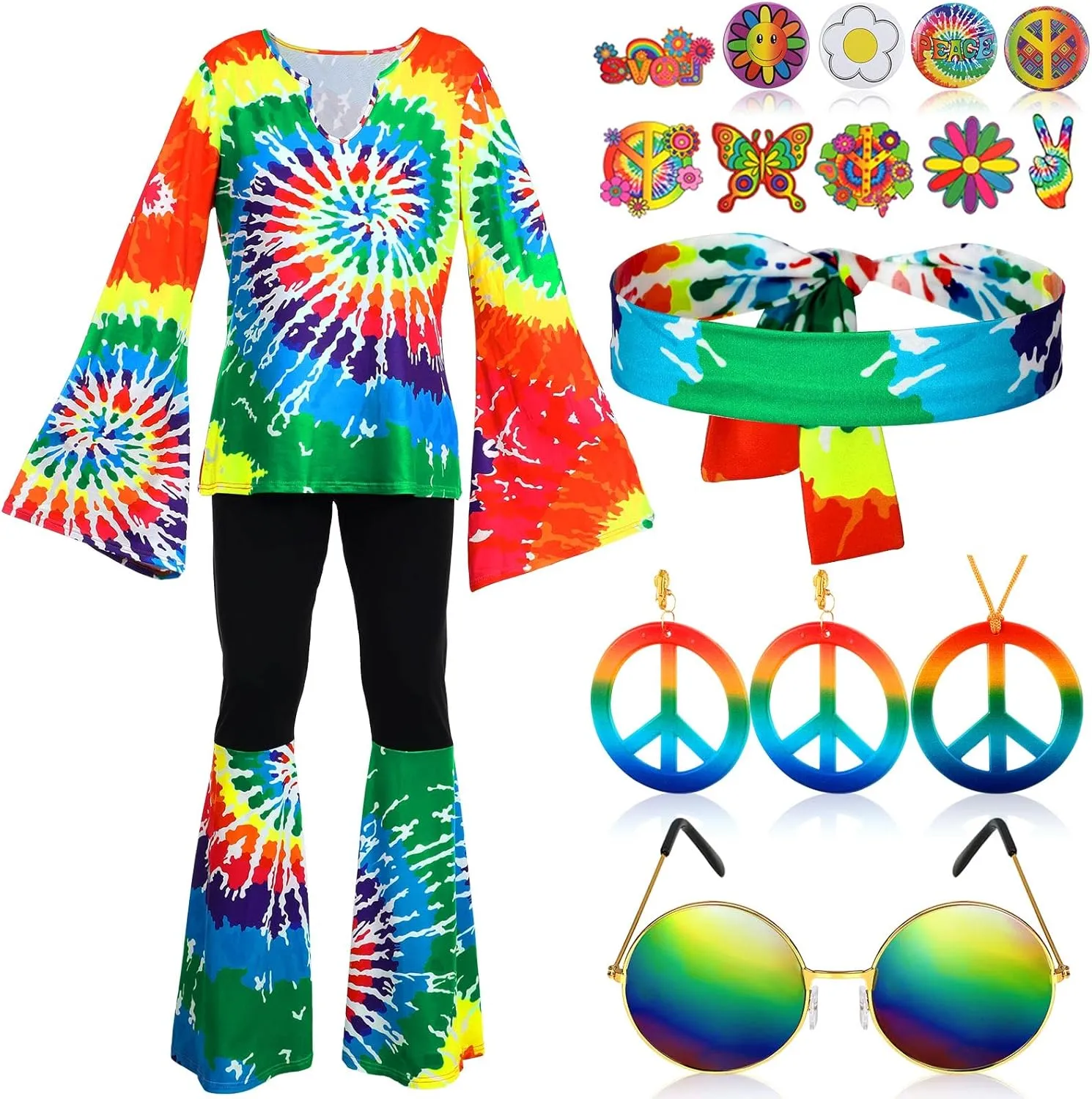 Jiuguva 17Pcs 60s 70s Outfits for Women Hippie Costume Set Disco Outfit Dress Boho Flared Pants Hippie Shirt Headband