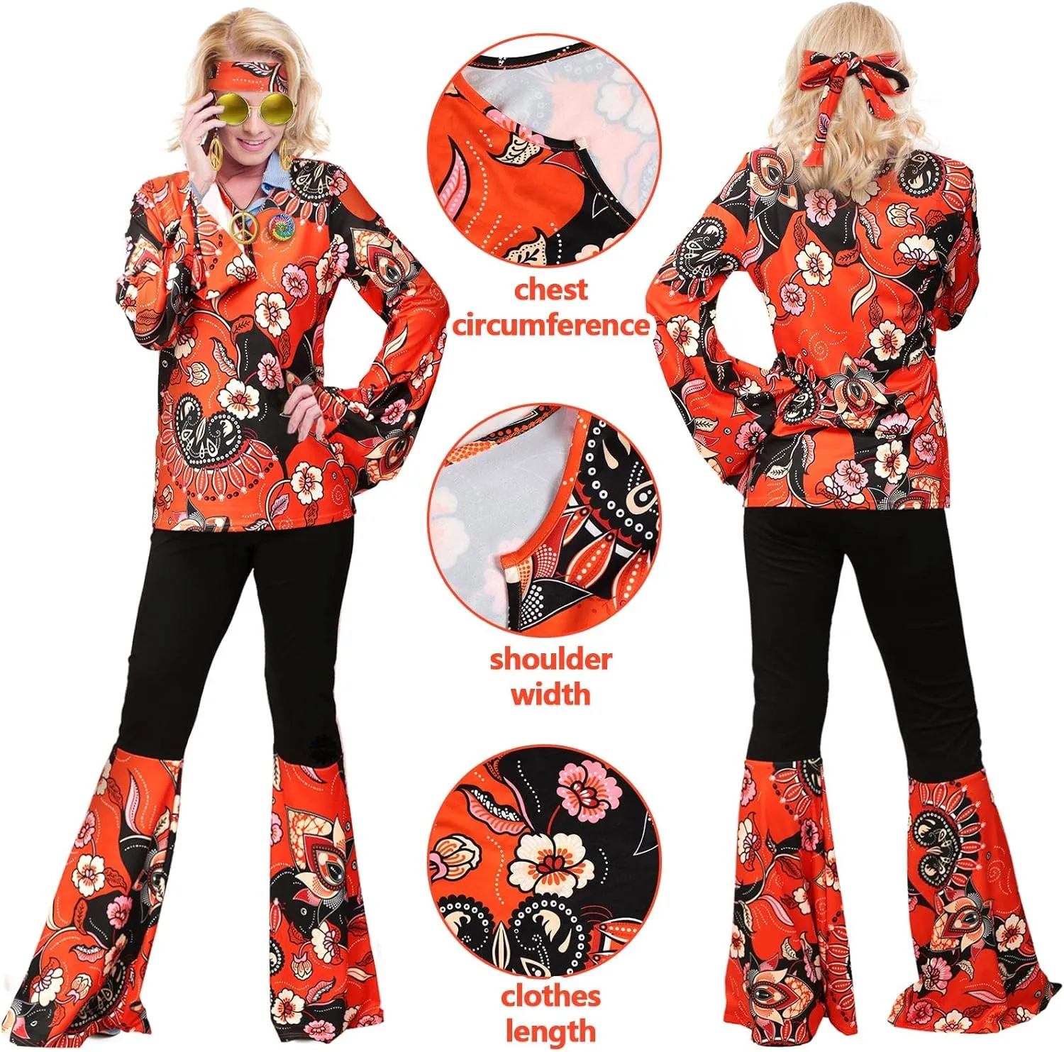 Jiuguva 17Pcs 60s 70s Outfits for Women Hippie Costume Set Disco Outfit Dress Boho Flared Pants Hippie Shirt Headband