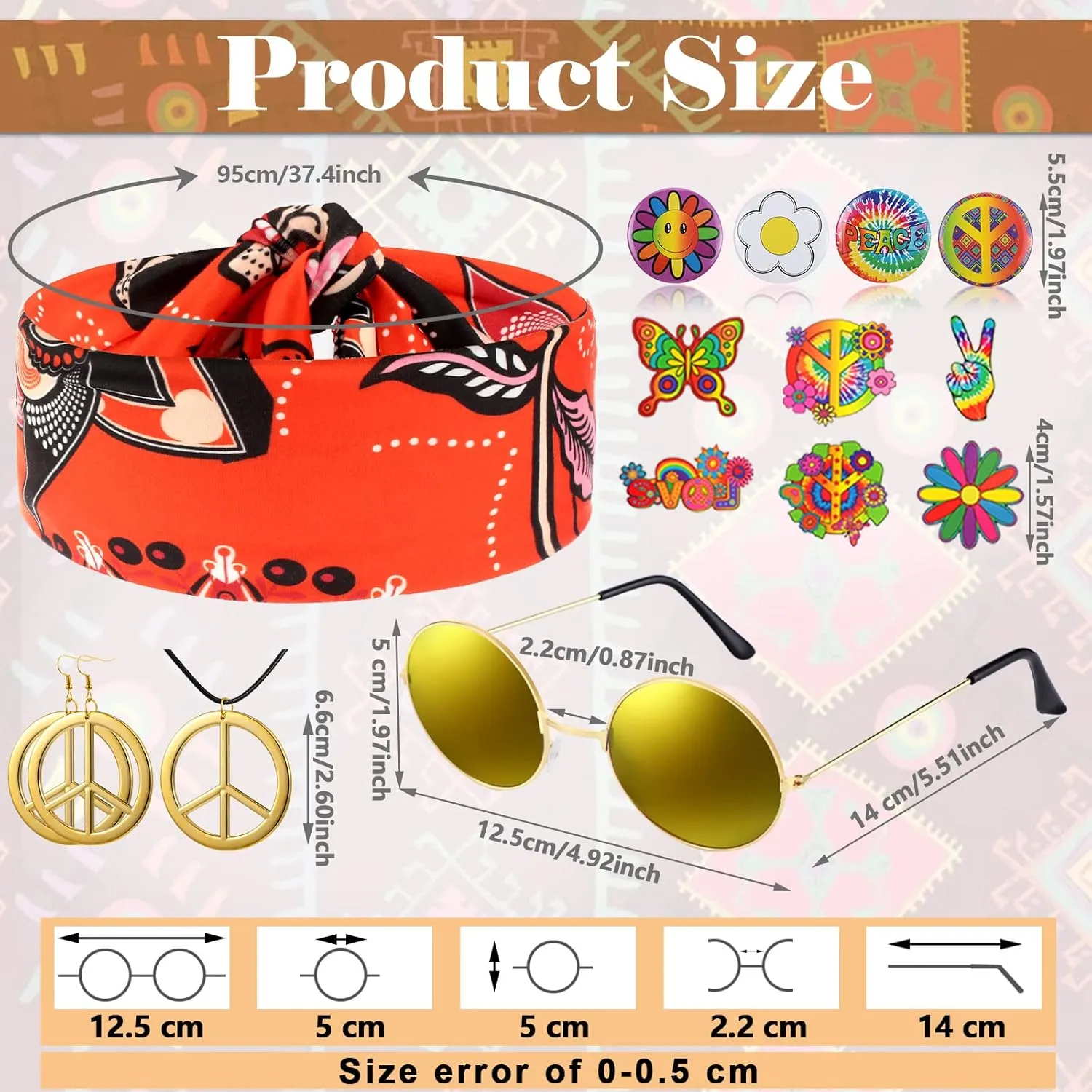 Jiuguva 17Pcs 60s 70s Outfits for Women Hippie Costume Set Disco Outfit Dress Boho Flared Pants Hippie Shirt Headband