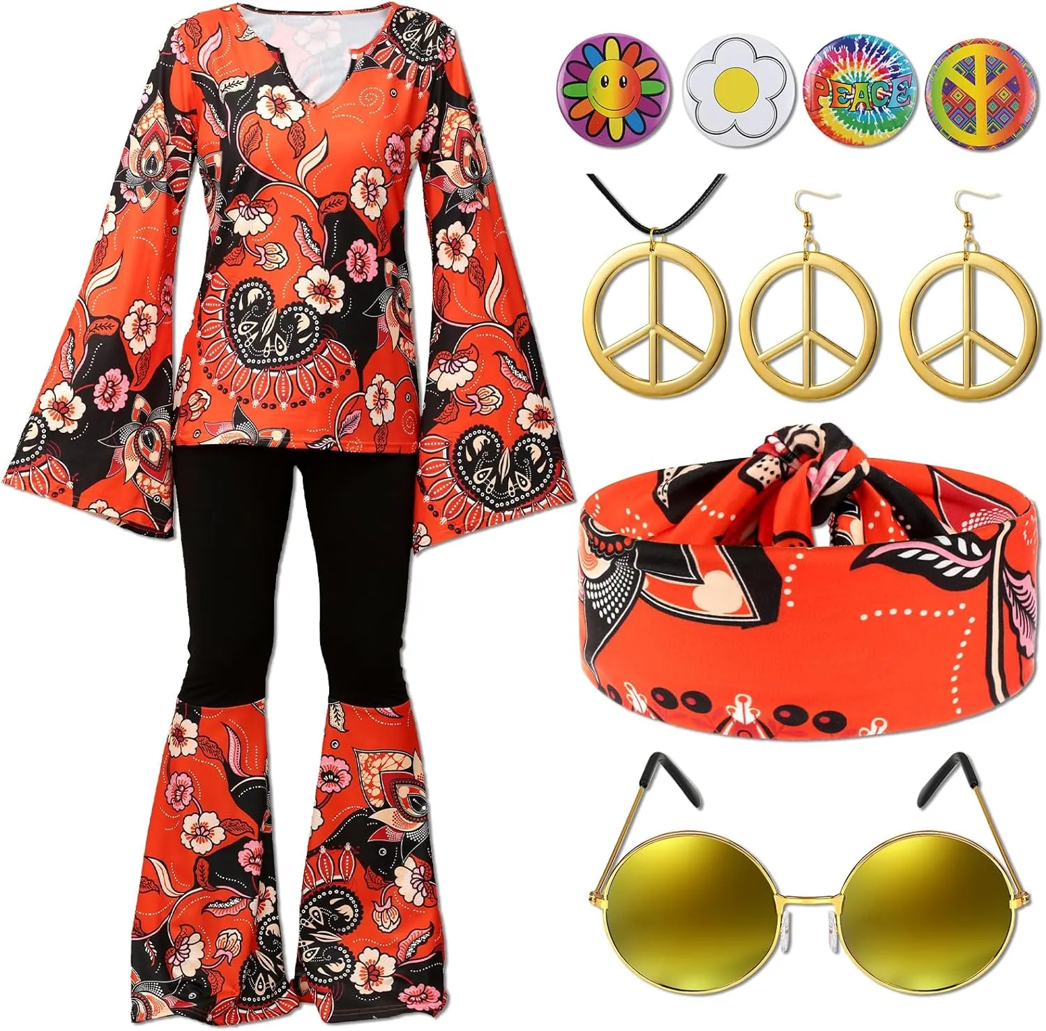 Jiuguva 17Pcs 60s 70s Outfits for Women Hippie Costume Set Disco Outfit Dress Boho Flared Pants Hippie Shirt Headband