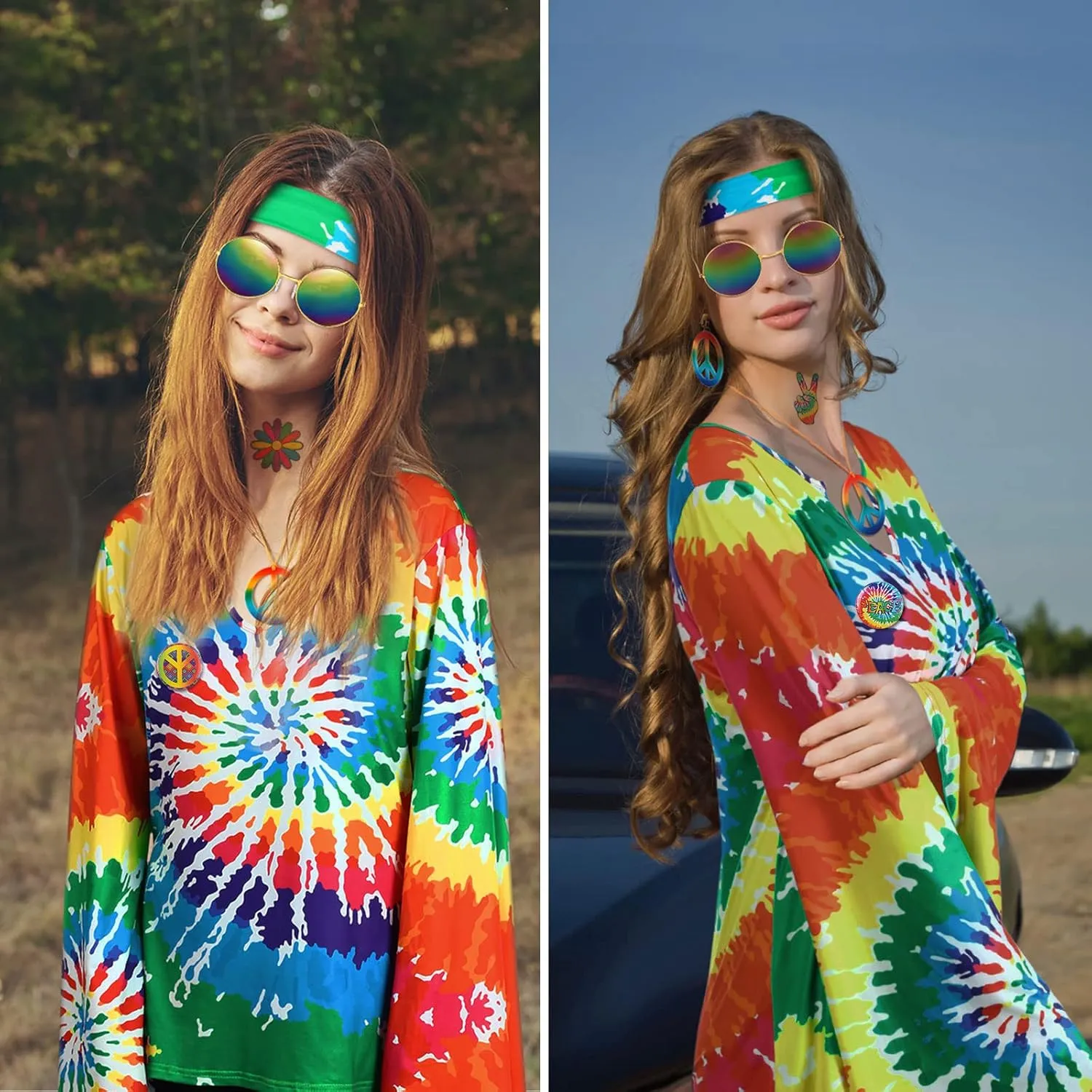 Jiuguva 17Pcs 60s 70s Outfits for Women Hippie Costume Set Disco Outfit Dress Boho Flared Pants Hippie Shirt Headband