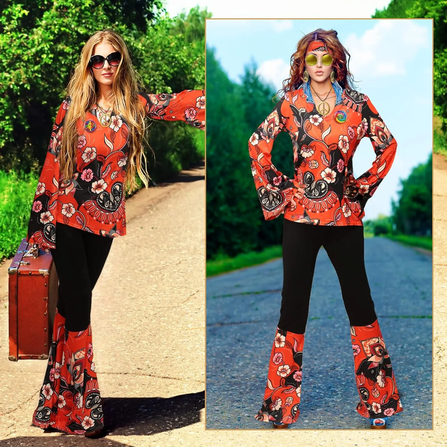 Jiuguva 17Pcs 60s 70s Outfits for Women Hippie Costume Set Disco Outfit Dress Boho Flared Pants Hippie Shirt Headband
