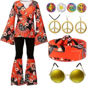 Jiuguva 17Pcs 60s 70s Outfits for Women Hippie Costume Set Disco Outfit Dress Boho Flared Pants Hippie Shirt Headband