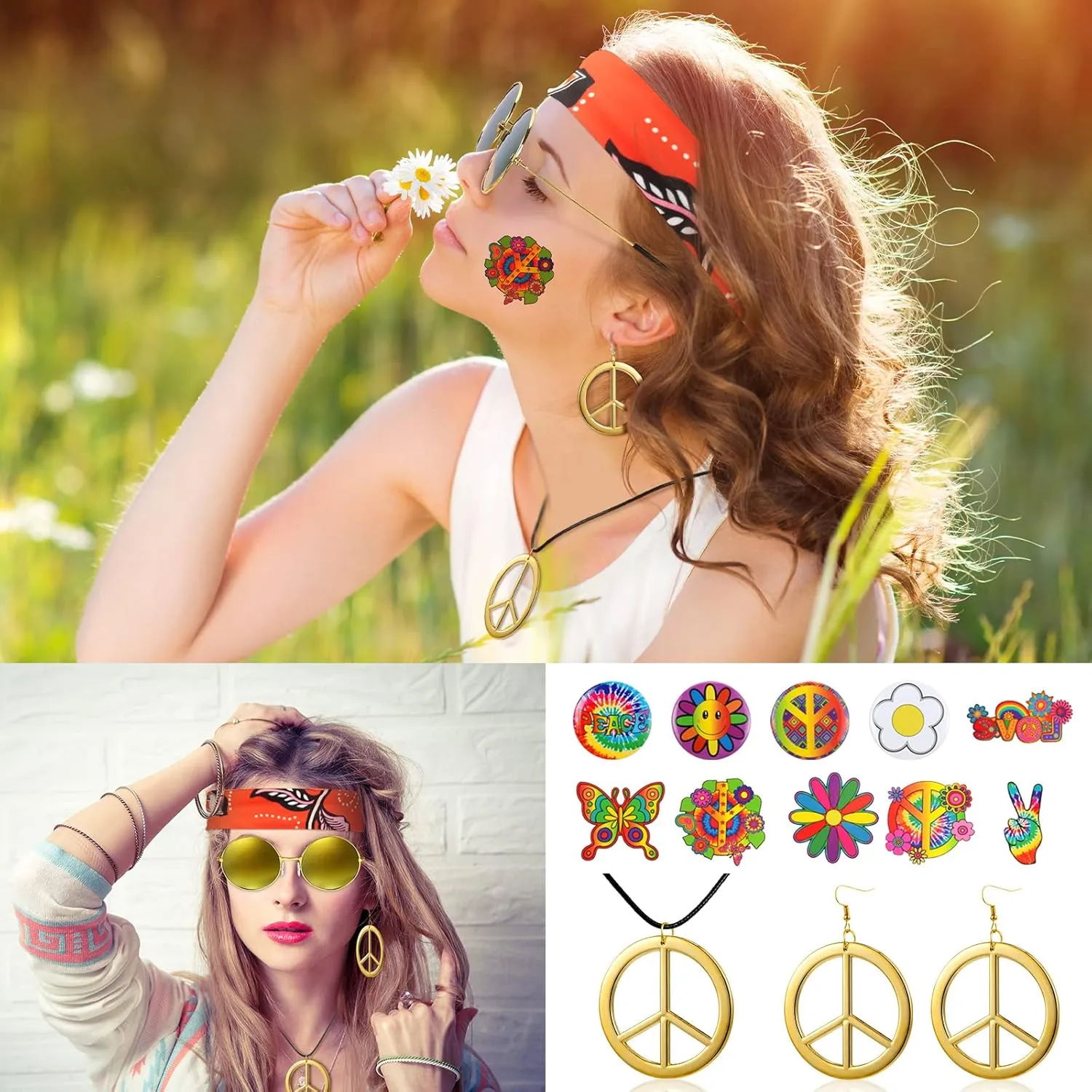 Jiuguva 17Pcs 60s 70s Outfits for Women Hippie Costume Set Disco Outfit Dress Boho Flared Pants Hippie Shirt Headband