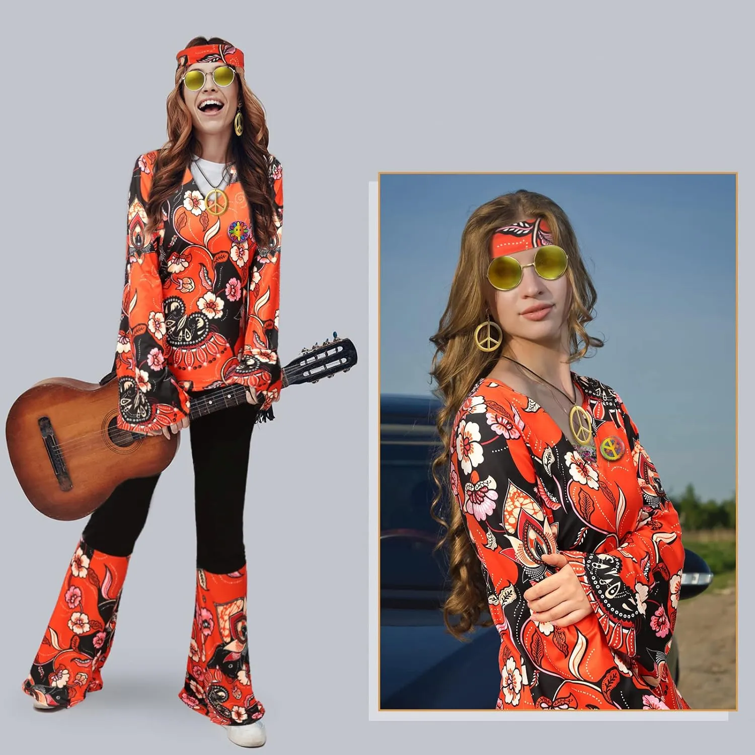 Jiuguva 17Pcs 60s 70s Outfits for Women Hippie Costume Set Disco Outfit Dress Boho Flared Pants Hippie Shirt Headband