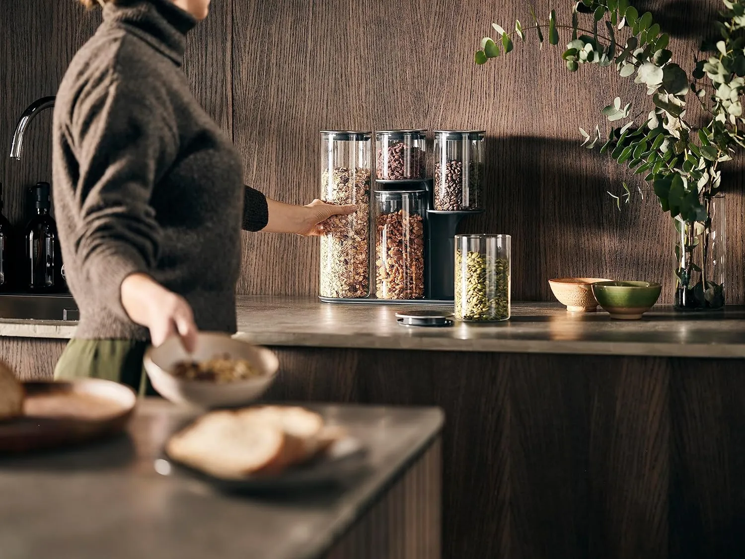 Joseph Joseph Podium 100 Dry Food Storage Container Stand, 5-Piece Set, Stainless-Steel/Glass