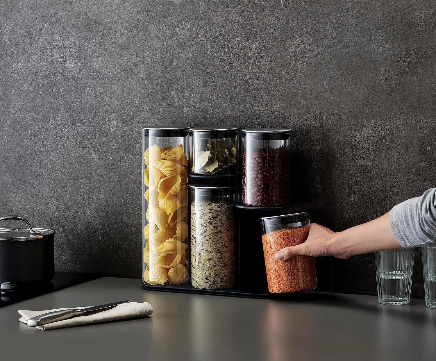Joseph Joseph Podium 100 Dry Food Storage Container Stand, 5-Piece Set, Stainless-Steel/Glass