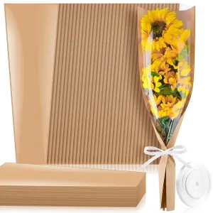 Jutieuo 50 Pcs Flower Bags for Bouquet, 24.8 x 8.7 Inches Flower Sleeves Kraft Floral Wrapping Paper with Ribbons for Mother's Day