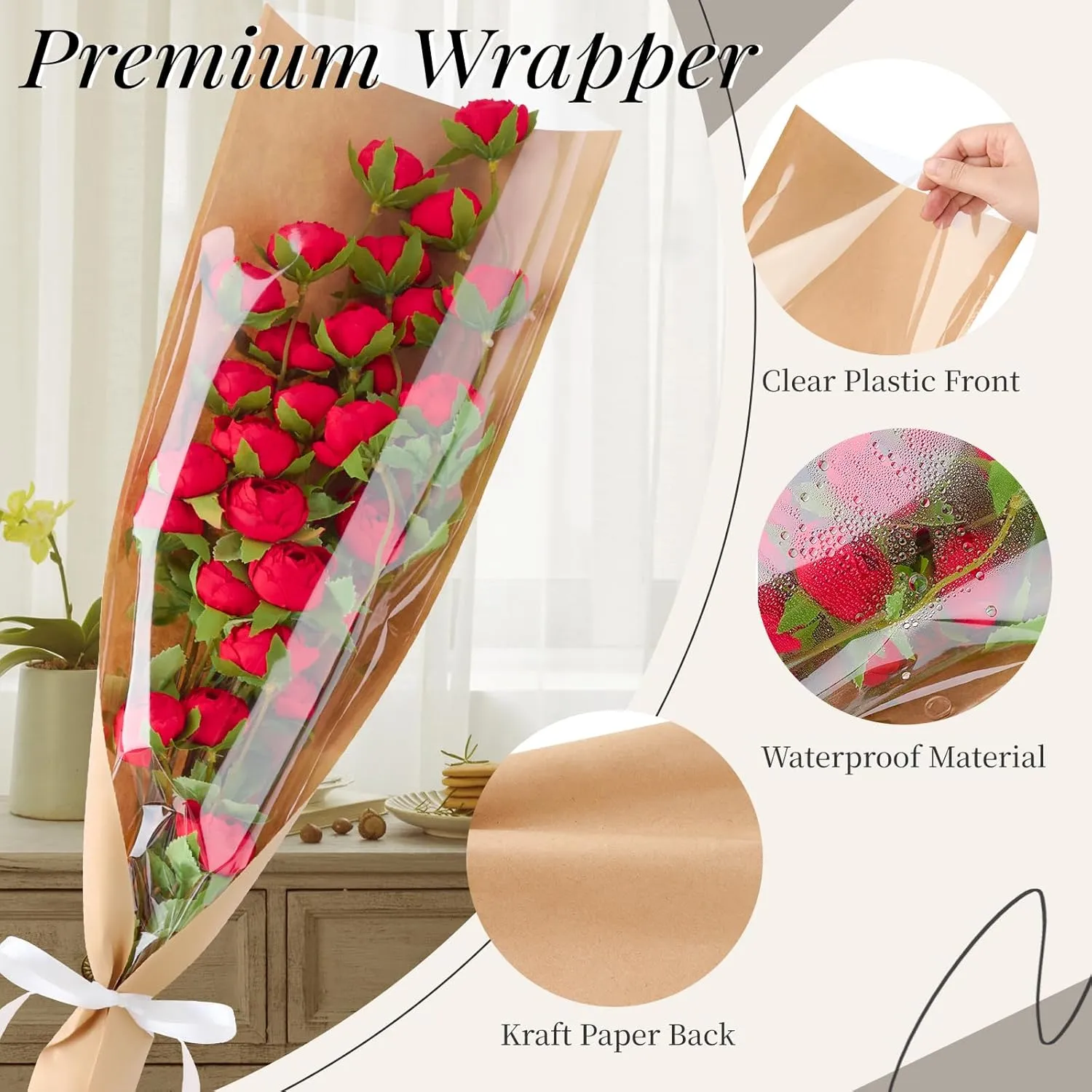 Jutieuo 50 Pcs Flower Bags for Bouquet, 24.8 x 8.7 Inches Flower Sleeves Kraft Floral Wrapping Paper with Ribbons for Mother's Day
