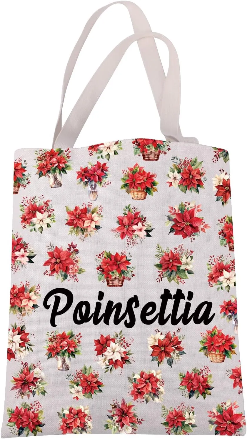 JXGZSO Poinsettia Flowers Canvas Tote Bag Flower Lover Gift Red Flower Shoulder Bag Floral Botanical Gift Wildflower Handbag
