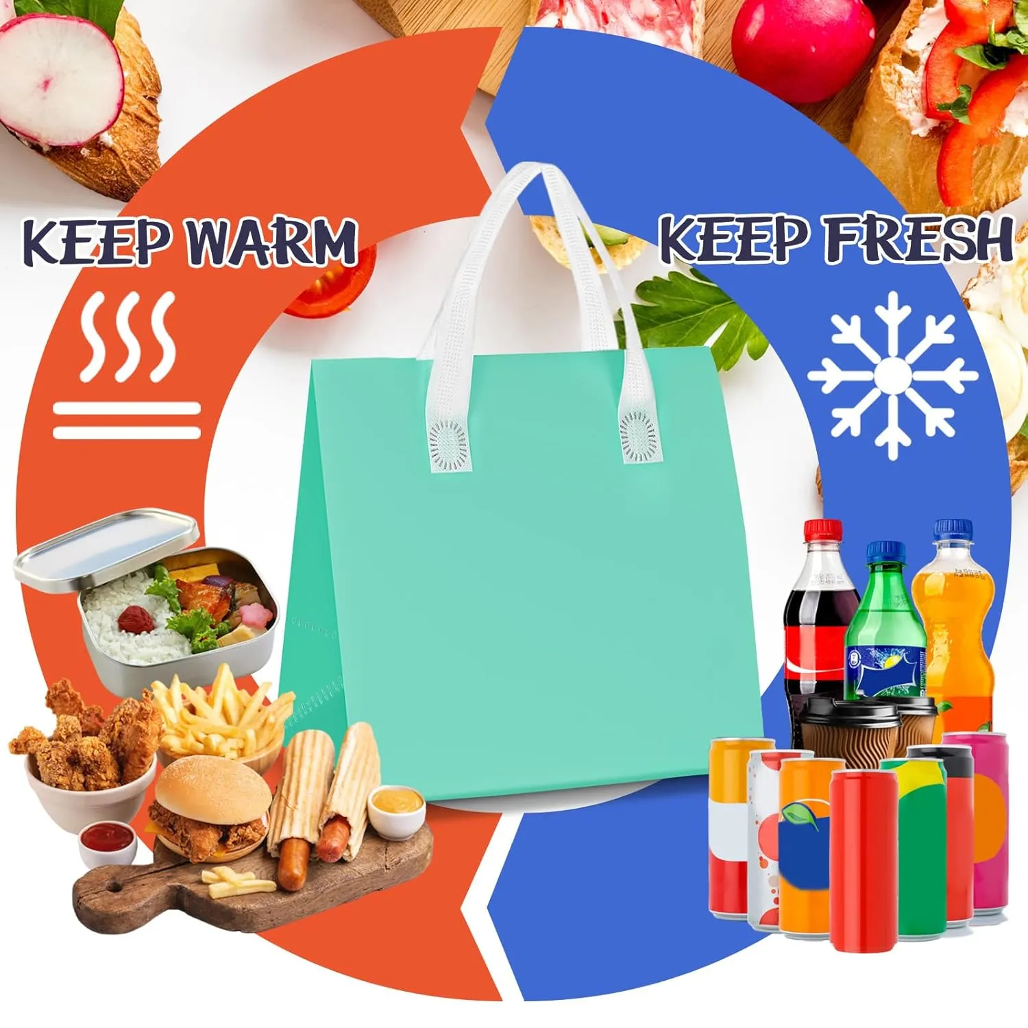 Kacctyen 100 Pcs Insulated Take Out Bags Bulk 9.5 x 6 x 9.5 in Thermal Insulation Food Bag for Coffee, Milk Tea, Hot Cold Food, Delivery Cooler Bag for Catering Restaurant Grocery Picnic (Multicolor)