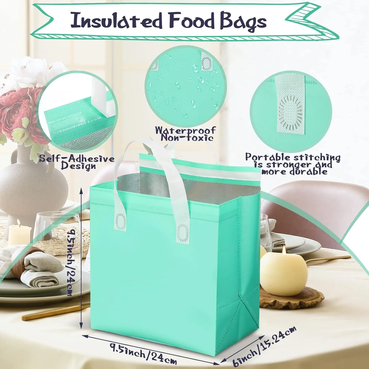 Kacctyen 100 Pcs Insulated Take Out Bags Bulk 9.5 x 6 x 9.5 in Thermal Insulation Food Bag for Coffee, Milk Tea, Hot Cold Food, Delivery Cooler Bag for Catering Restaurant Grocery Picnic (Multicolor)