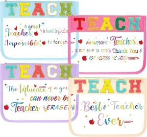 Kacctyen 4 Pcs Teacher Appreciation Gift Chenille Letter Bag Modern Teacher Makeup Bags with Zipper Toiletry Bag Pouch Travel Accessory Organizer Gifts for Women Teacher