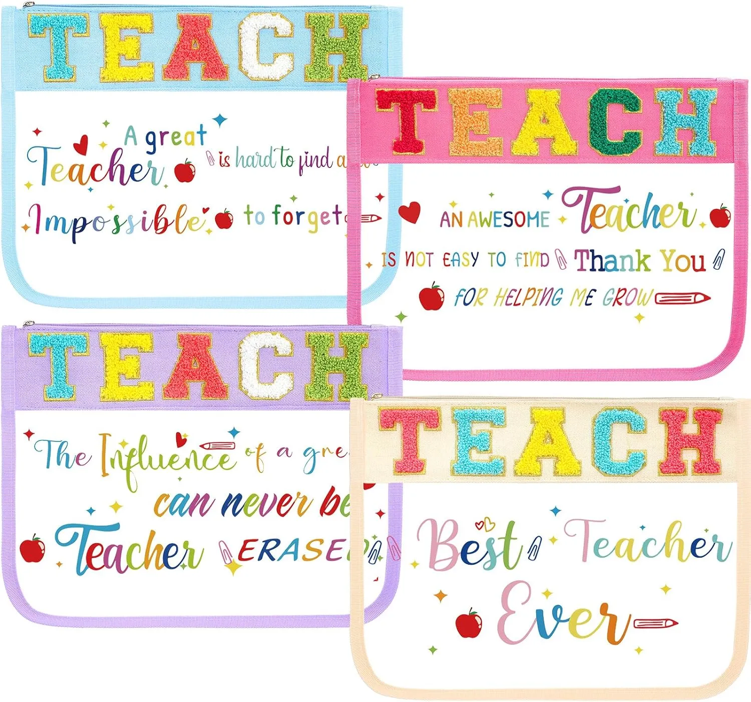 Kacctyen 4 Pcs Teacher Appreciation Gift Chenille Letter Bag Modern Teacher Makeup Bags with Zipper Toiletry Bag Pouch Travel Accessory Organizer Gifts for Women Teacher