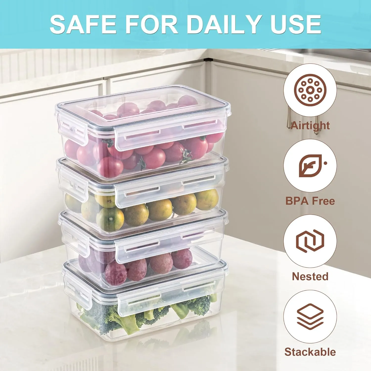 KAGUYA 4 pack Food Storage Containers with Lids, Plastic Food Containers for Pantry Organizers and Storage, 34 Oz, 100% BPA Free, Leak-Proof, Microwave and Freezer Safe