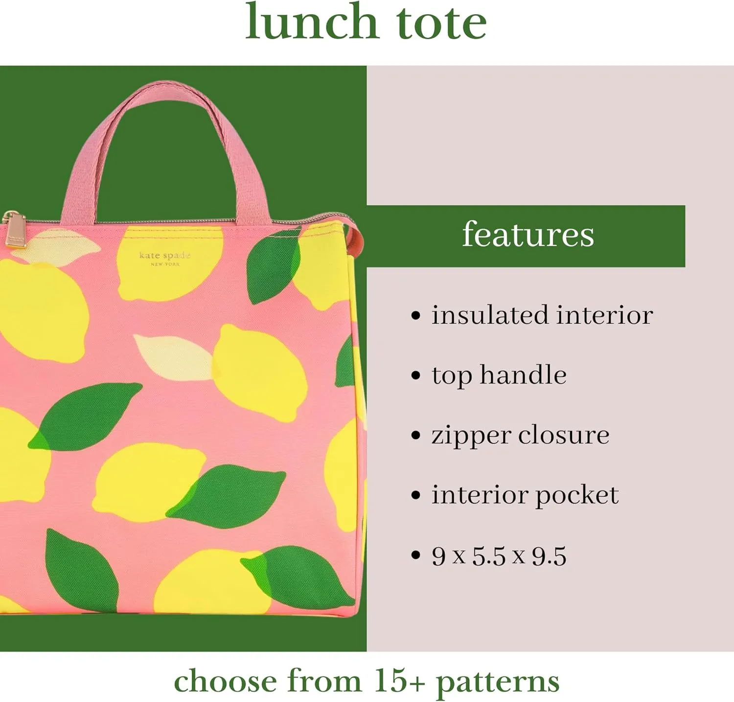 Kate Spade New York Portable Soft Cooler Lunch Bag, Small Insulated Tote, Thermal Lunch Bag with Silver Insulated Lining and Storage Pocket, Lemon Toss