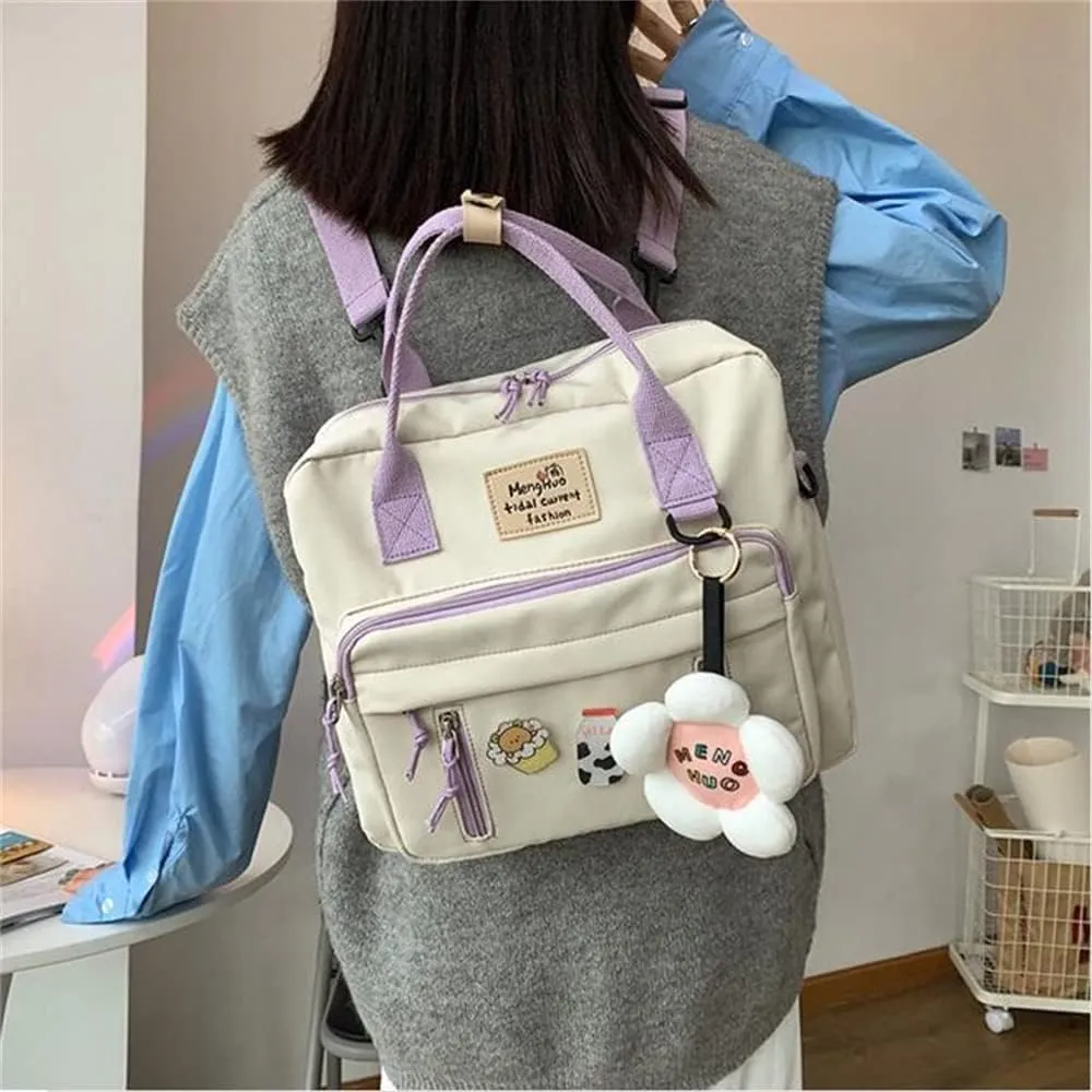 Kawaii Backpack for Teen Girls Tote Bag with Flower Accessories Bear Keychain Cute School Middle Elementary Bookbags