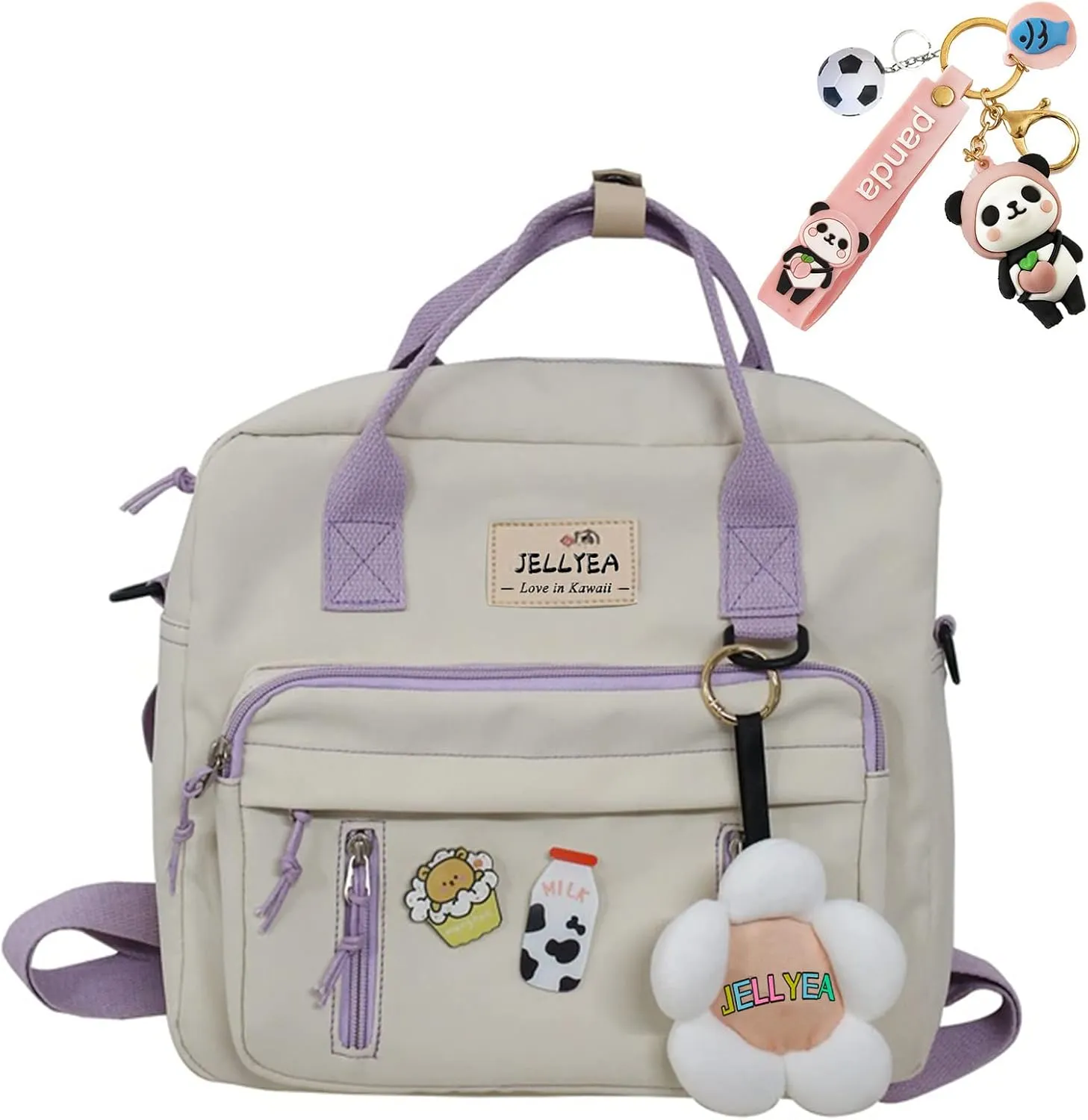 Kawaii Backpack for Teen Girls Tote Bag with Flower Accessories Bear Keychain Cute School Middle Elementary Bookbags