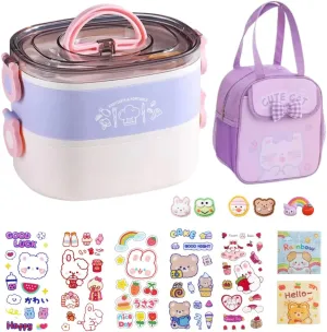 Kawaii Bento Box Lunch Box with Lunch Bag,Tableware,Biscuit bags,2 Layers Stacked Leakproof Cute Lunch Box,for Travel,Office,Gym. (Purple)