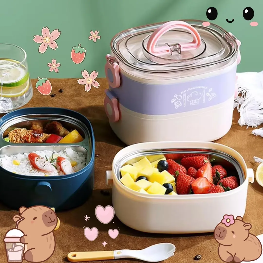 Kawaii Bento Box Lunch Box with Lunch Bag,Tableware,Biscuit bags,2 Layers Stacked Leakproof Cute Lunch Box,for Travel,Office,Gym. (Purple)