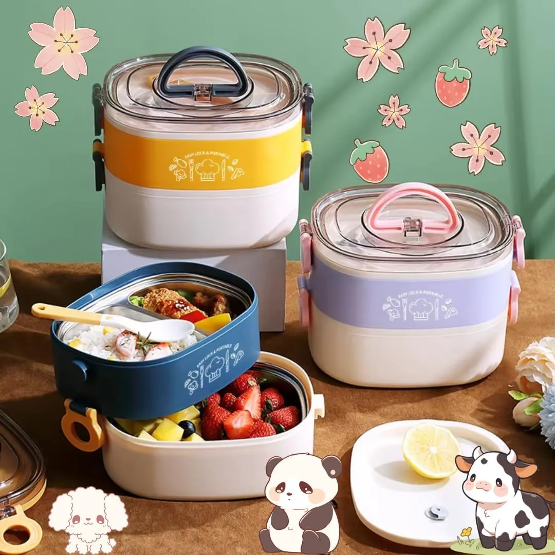 Kawaii Bento Box Lunch Box with Lunch Bag,Tableware,Biscuit bags,2 Layers Stacked Leakproof Cute Lunch Box,for Travel,Office,Gym. (Purple)