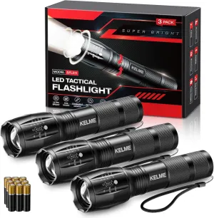 KELME 3 Pack Flashlights High Lumens, Powerful Tactical Flashlights with 5 Modes, Zoomable Small LED Flashlight Waterproof Handheld Flash Light for Home Emergencies Camping Hiking (Battery Included)