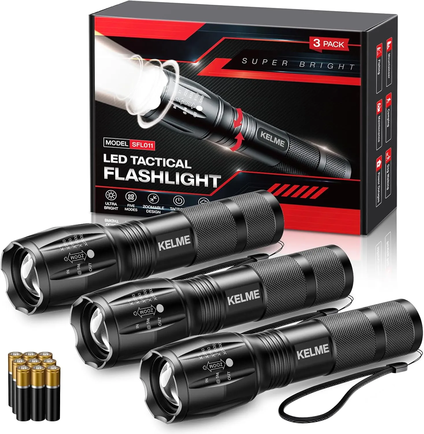 KELME 3 Pack Flashlights High Lumens, Powerful Tactical Flashlights with 5 Modes, Zoomable Small LED Flashlight Waterproof Handheld Flash Light for Home Emergencies Camping Hiking (Battery Included)