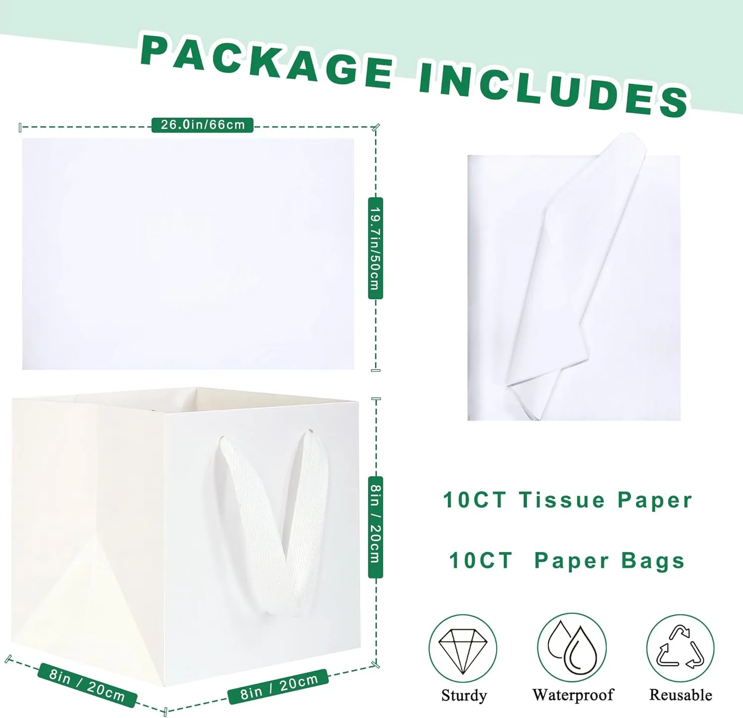 KEYYOOMY White Square Gift Bags with Tissue Paper - Medium Size Party Favor Bags for Birthdays (10 CT, 8x8x8 in)