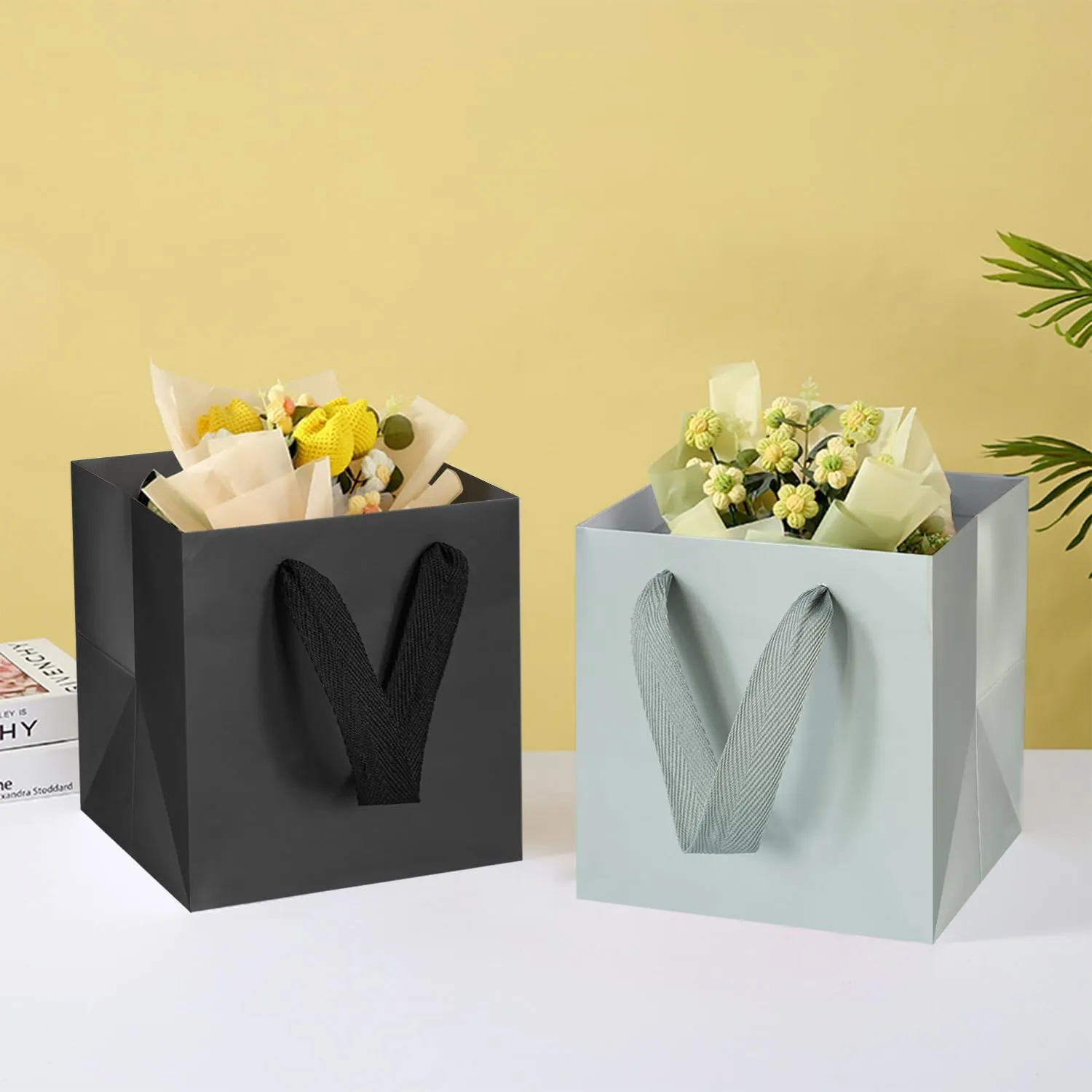 KEYYOOMY White Square Gift Bags with Tissue Paper - Medium Size Party Favor Bags for Birthdays (10 CT, 8x8x8 in)