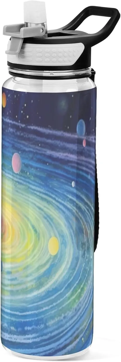 Kigai Solar System Water Bottle 32 oz Tritan Leak-proof Sport Water Bottle with Carry Strap for Gym Fitness Outdoor BPA Free