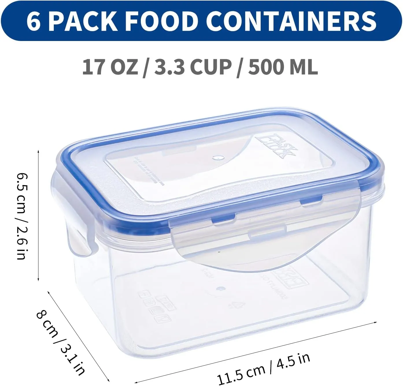 KIGI 6 Pack 17OZ Airtight Plastic Food Storage Containers Set Rectangular Small Bento Box Storage Boxes Microwave Freezer and Dishwasher Safe