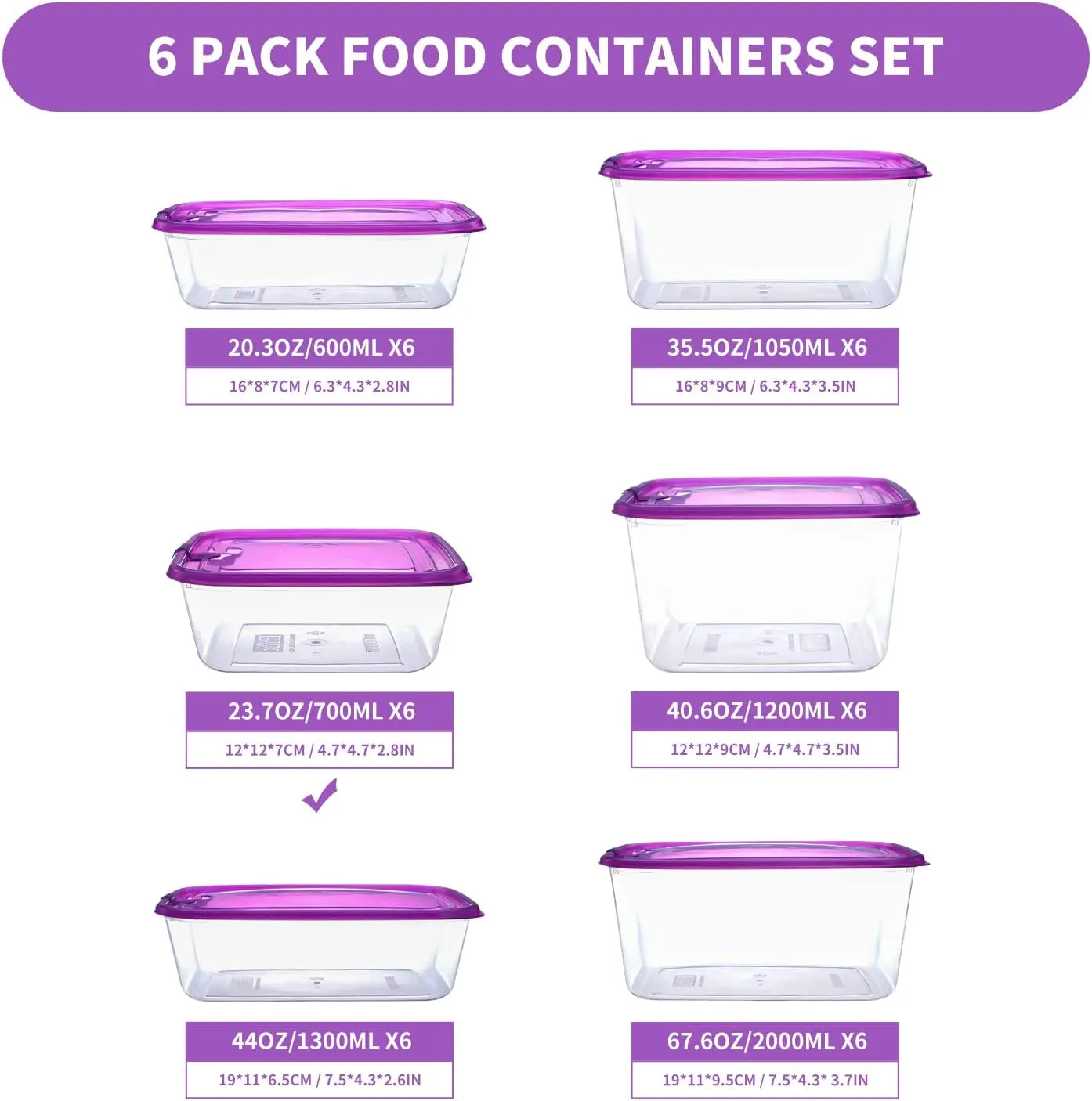 KIGI 【6 PACK 23.7oz Plastic Food Storage Containers with Lids Airtight Square Meal Prep Containers,Microwave,Freeze,Dishwasher Safe