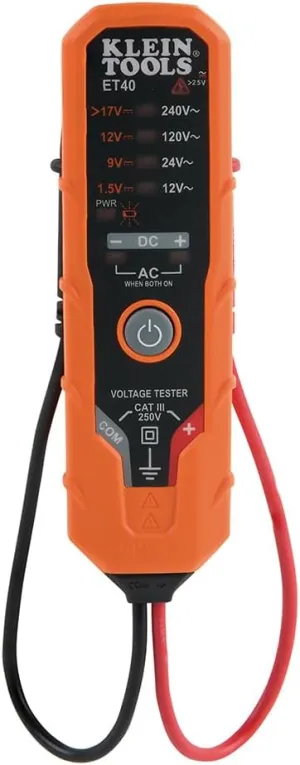 Klein Tools ET40 Digital AC/DC Voltage Tester, 12-240V AC, 1.5-24V DC, LED Illumination, DC Polarity, Auto Off, CATIII 250V-Class 2- Double Insulation, IP4 Dust and Water Resistant