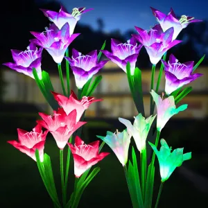 KOOPER Outdoor Solar Lights, 4 Pack Solar Garden Lights with Bigger Lily Flowers, Waterproof 7 Color Changing Solar Lights Outdoor - Bigger Panel for Outdoor Patio Yard Garden Decoration, Gift for Mom