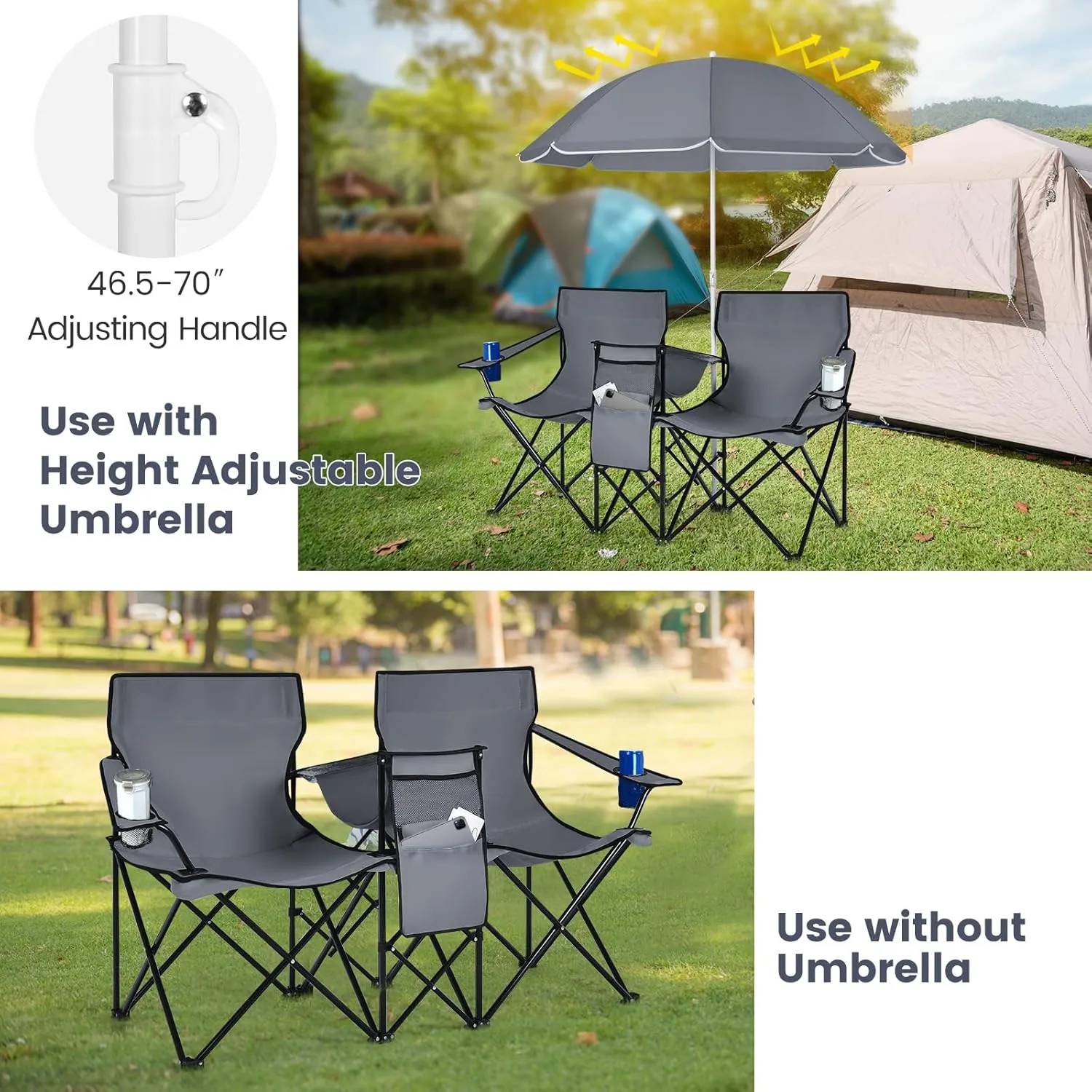 KOTEK Double Camping Chair, Folding Camp Chair with Removable Umbrella, Cup Holders, Cooler Bag, Side Pocket & Carry Bag, 2-Person Beach Chair for Outdoor, Sports, Concerts, Travel, Picnic (Grey)