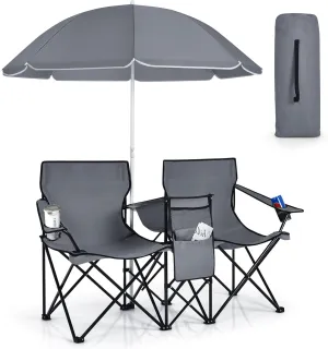 KOTEK Double Camping Chair, Folding Camp Chair with Removable Umbrella, Cup Holders, Cooler Bag, Side Pocket & Carry Bag, 2-Person Beach Chair for Outdoor, Sports, Concerts, Travel, Picnic (Grey)