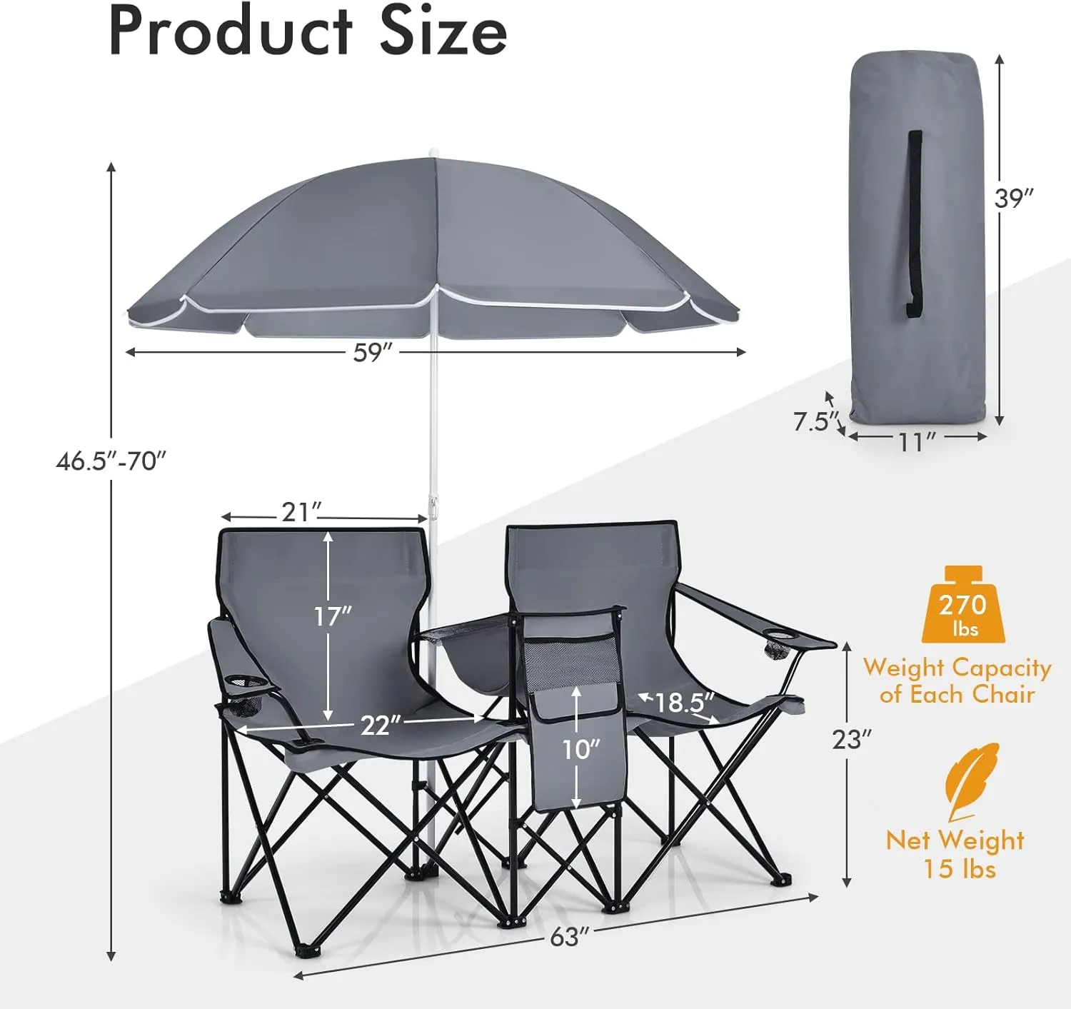 KOTEK Double Camping Chair, Folding Camp Chair with Removable Umbrella, Cup Holders, Cooler Bag, Side Pocket & Carry Bag, 2-Person Beach Chair for Outdoor, Sports, Concerts, Travel, Picnic (Grey)