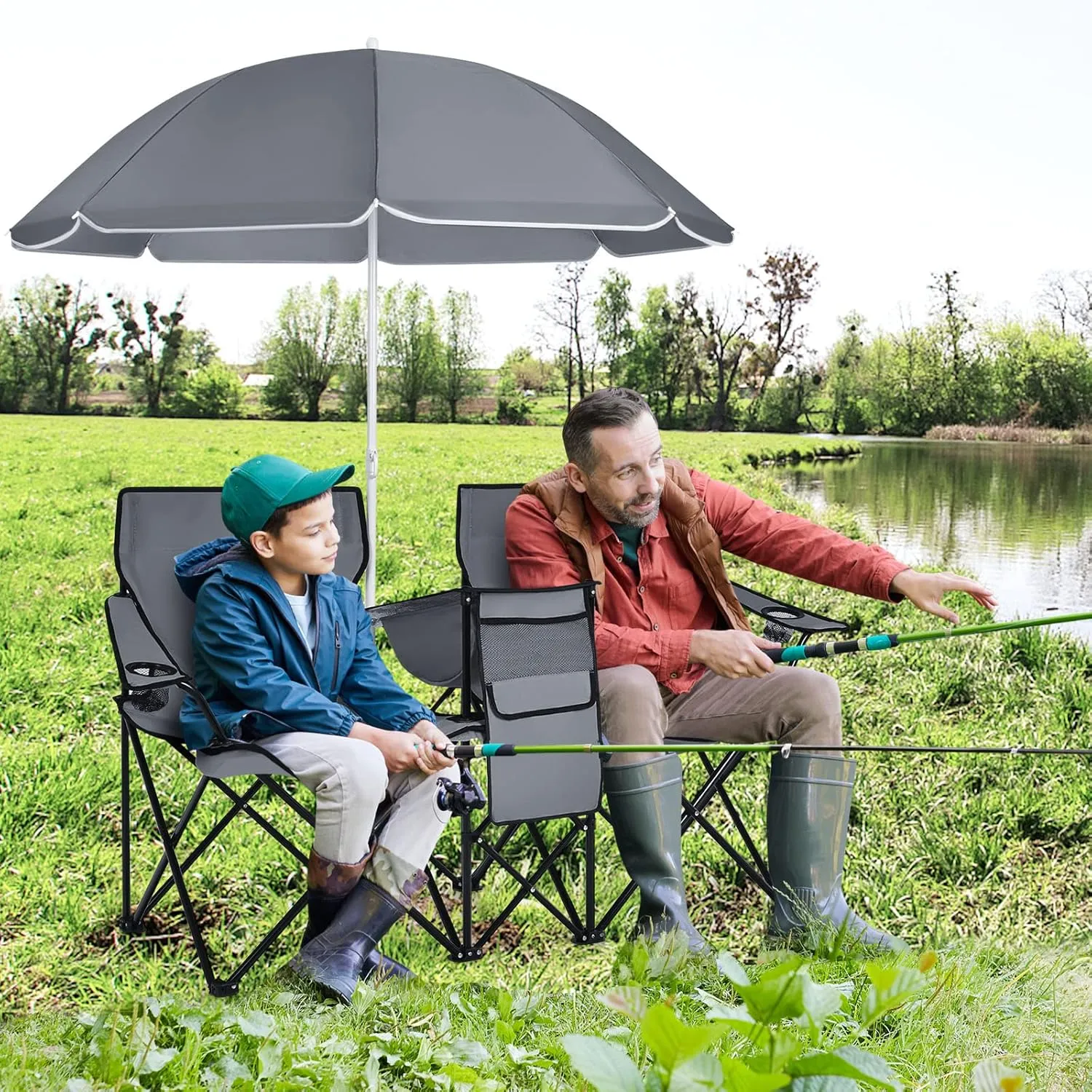 KOTEK Double Camping Chair, Folding Camp Chair with Removable Umbrella, Cup Holders, Cooler Bag, Side Pocket & Carry Bag, 2-Person Beach Chair for Outdoor, Sports, Concerts, Travel, Picnic (Grey)
