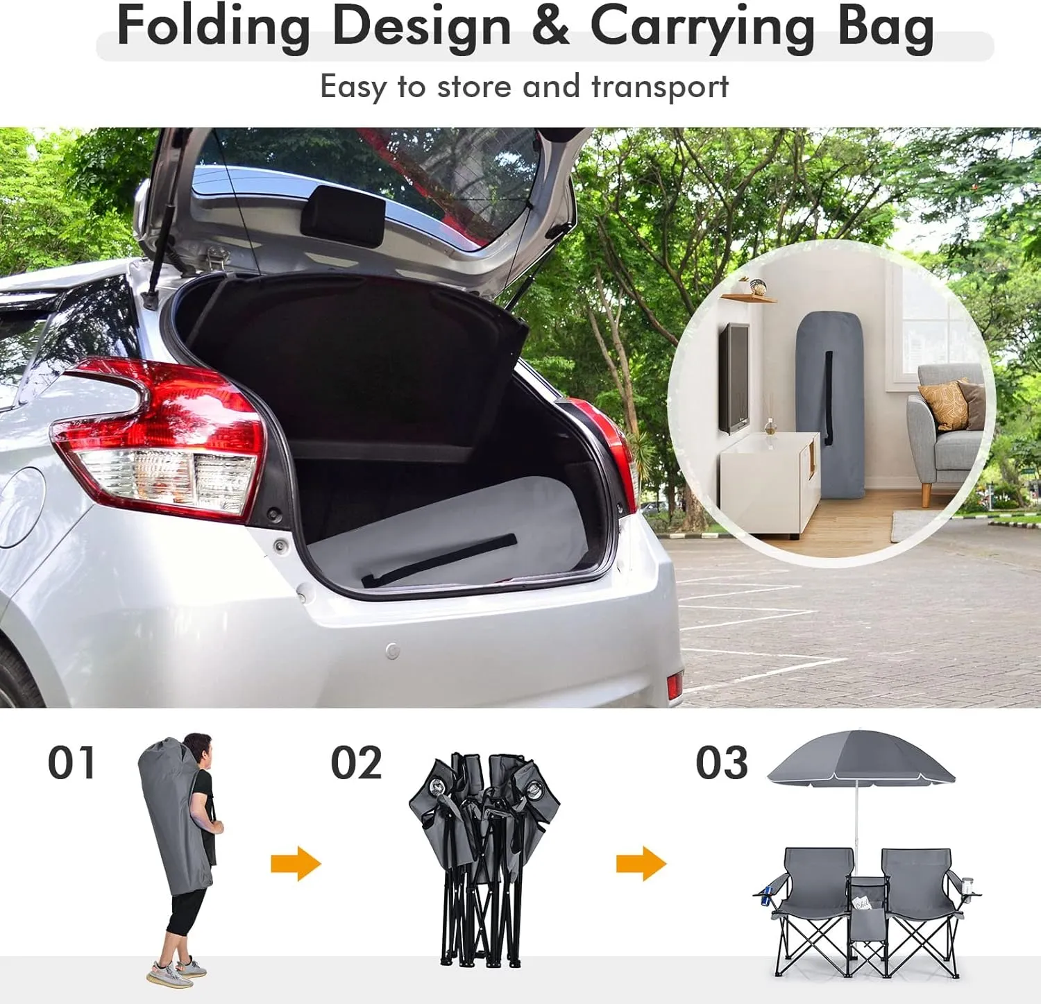 KOTEK Double Camping Chair, Folding Camp Chair with Removable Umbrella, Cup Holders, Cooler Bag, Side Pocket & Carry Bag, 2-Person Beach Chair for Outdoor, Sports, Concerts, Travel, Picnic (Grey)