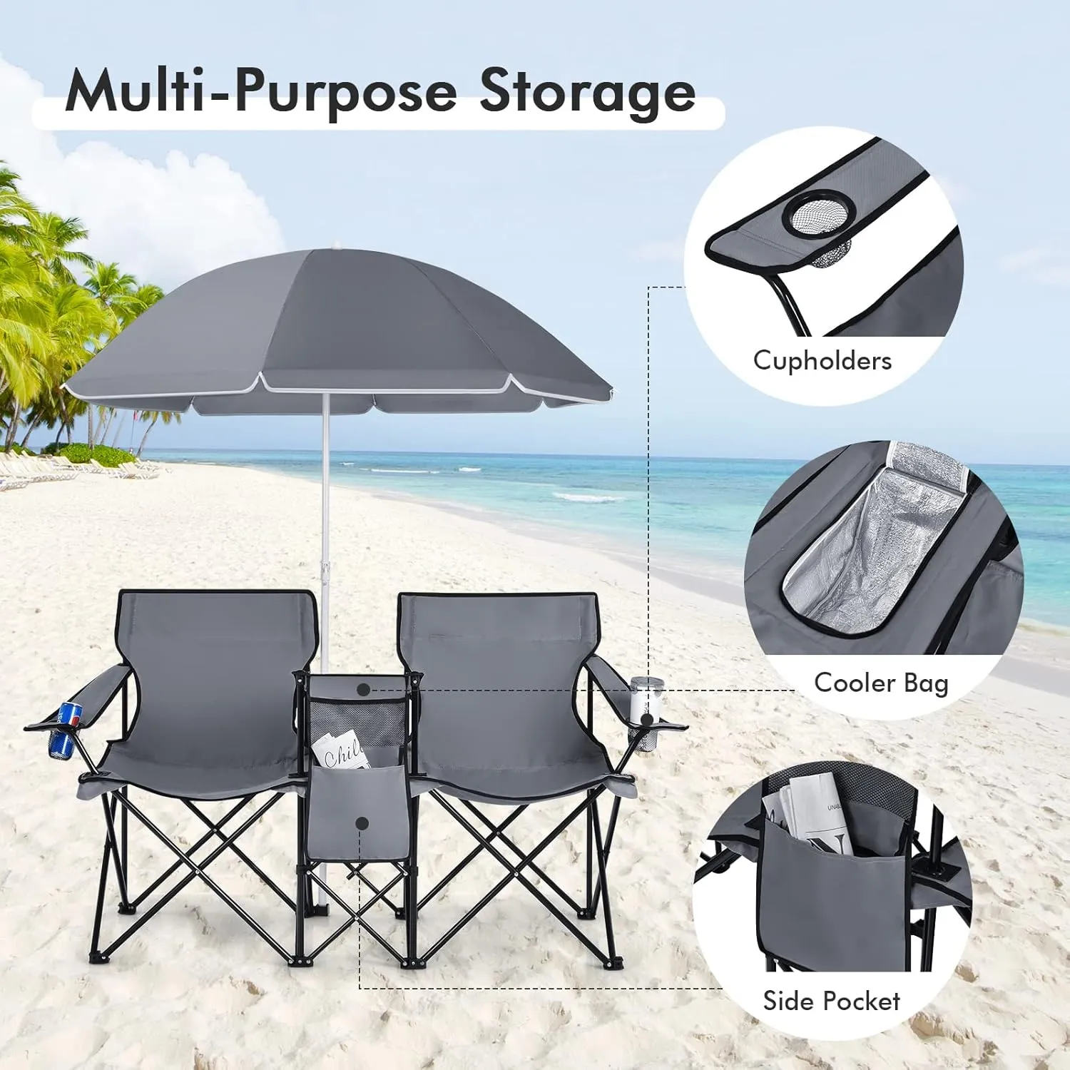 KOTEK Double Camping Chair, Folding Camp Chair with Removable Umbrella, Cup Holders, Cooler Bag, Side Pocket & Carry Bag, 2-Person Beach Chair for Outdoor, Sports, Concerts, Travel, Picnic (Grey)