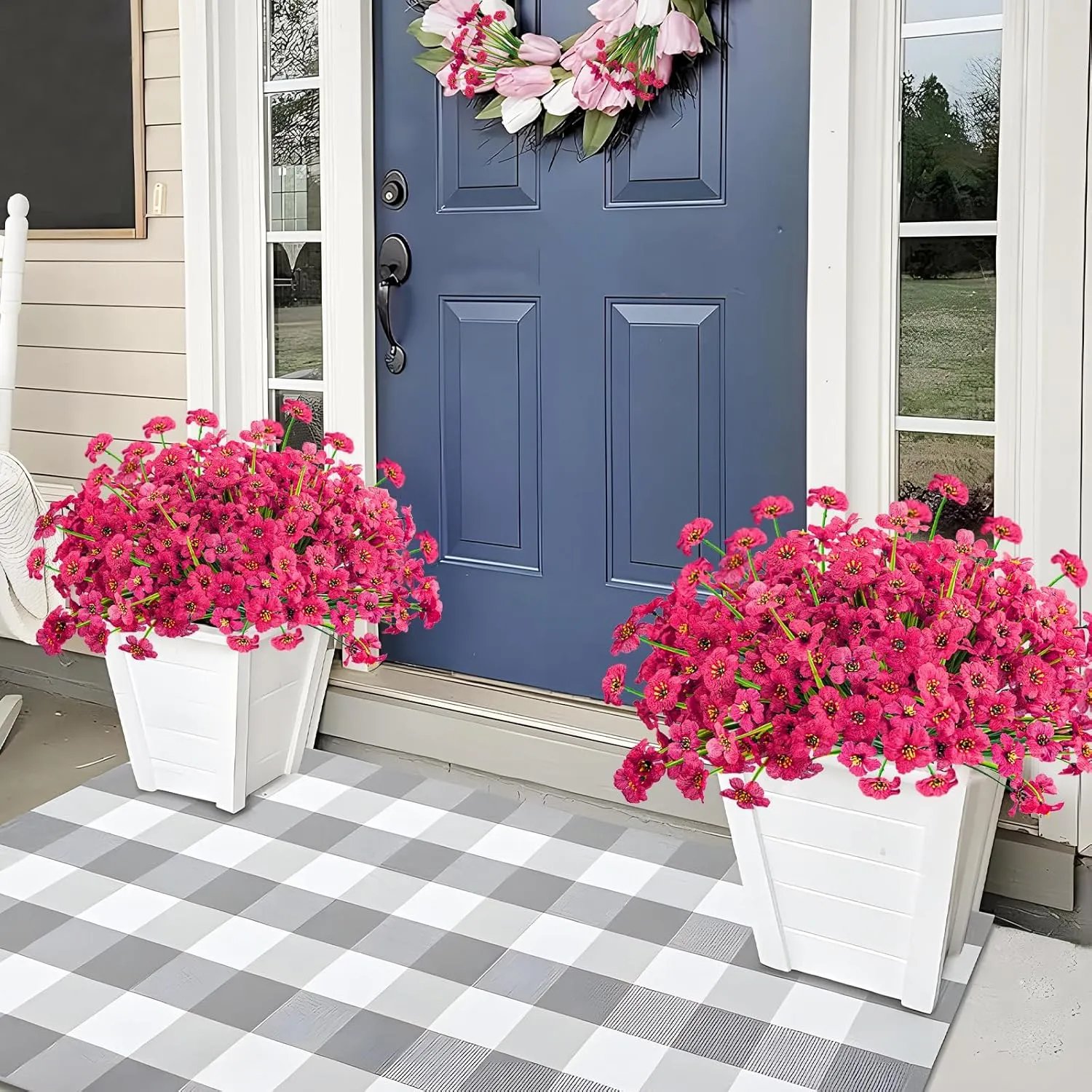 Krissing 48 Bundles Outdoor Artificial Flowers UV Resistant Fake Silk Flowers Faux Plastic Plants Outside Garden Porch Window Box Summer Decoration (Rose Red)