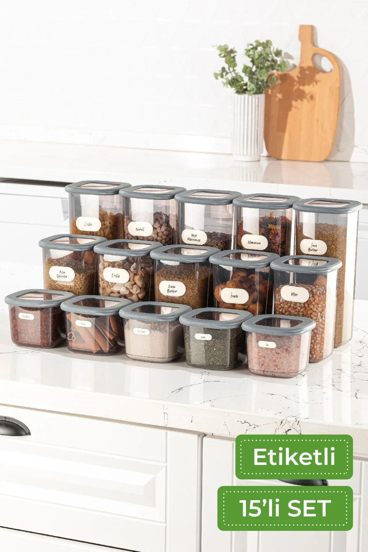 Labeled 15 Piece Square Food Storage Container Set 5x(0.55 LITER, 1.2 LITER, 1.75 LITER) Anthracite