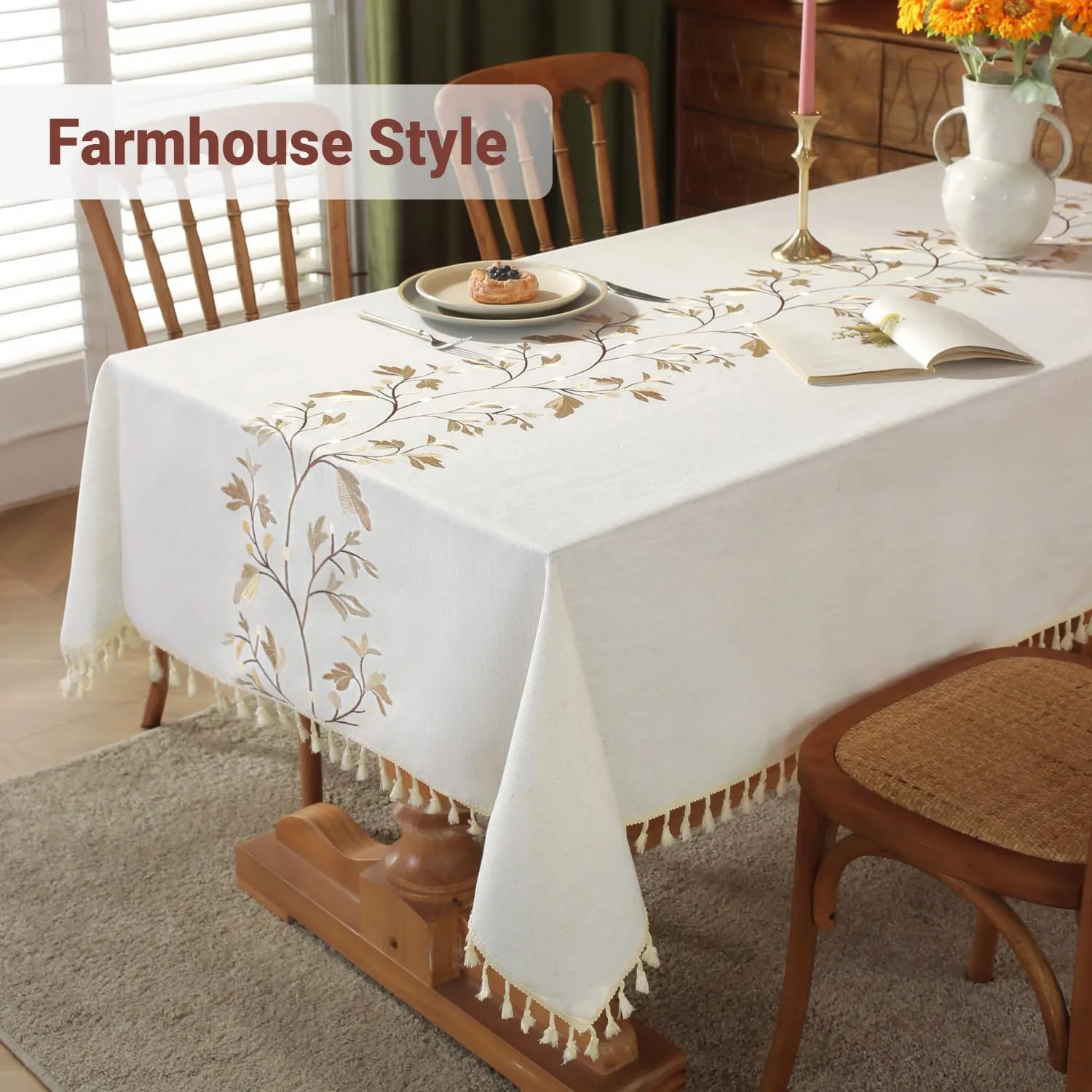 Laolitou Cotton Linen Waterproof Table Cloth for Dining Table Farmhouse Kitchen Rectangle Tablecloth Coffee Wrinkle Free Tables Cover, Beige, Coffee Flower, 55x70 Inch