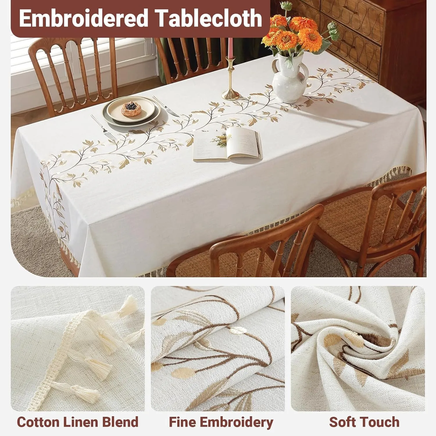 Laolitou Cotton Linen Waterproof Table Cloth for Dining Table Farmhouse Kitchen Rectangle Tablecloth Coffee Wrinkle Free Tables Cover, Beige, Coffee Flower, 55x70 Inch